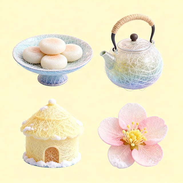 4 个奶油配色素材上下排齐。分别是蒸年糕盘，姜茶壶，浅粉腊梅，迷你雪屋。背景换奶油黄，配色奶油黄 + 浅粉，贴合冬日传统饮食场景。
