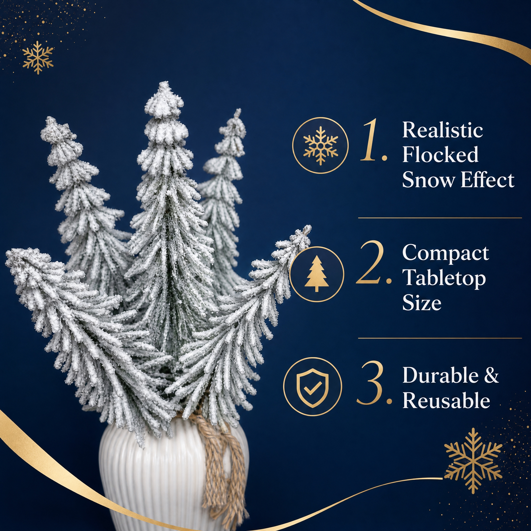 基于图中的植绒雪松迷你圣诞树产品，生成1:1正方形电商英文卖点… - 图片创意预览