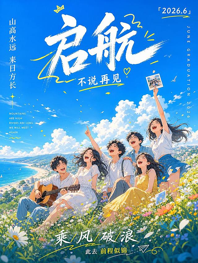 竖版毕业季海报，元气动漫插画风格，主色调为晴空蓝+明黄，整体活力满满，8K质感。主体画面：一群毕业生围坐在开满野花的山坡上，一起仰望着天空大笑，有人弹着吉他，有人举着合照，风扬起大家的发丝和裙摆，远处是延伸的海岸线。文字排版：- 顶部：白色毛笔大字"启航"，搭配黄色涂鸦线条，下方小字"不说再见"；右上角标注"「2026.6」"。- 左侧：竖排文案"山高水远 来日方长"，下方英文"MOUNTAINS ARE HIGH RIVERS ARE LONG WE WILL MEET AGAIN"。- 右侧：竖排英文"JUNE GRADUATION 2026"。- 底部："乘/风/破/浪"，搭配文案"此去 前程似锦"。整体风格：元气动漫风、活力欢快、青春热烈、毕业季海报，内容与前两张完全不同