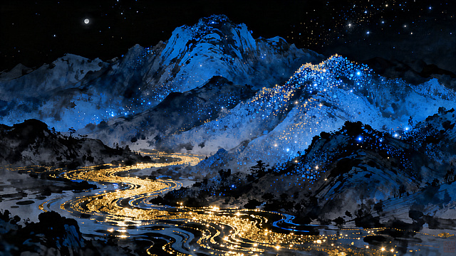 深邃如墨的夜色里，一汪清蓝自幽暗中浮起，化作连绵起伏的层峦。山形由细碎的粒子聚成，泛着莹润的冷光，像凝结了整片星空的清辉；蜿蜒的水纹携着鎏金碎光，在山脚下流转，仿佛揉碎的月光落进了山涧。蓝的清冷与金的暖芒在黑底上交融，一半是远山的幽寂，一半是流金的温柔，像一幅被注入了呼吸的数字水墨，空灵又盛大，图片超清晰，细节细腻可见