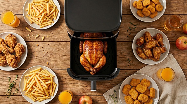把图中的空气炸锅融合到厨房餐桌上，空气炸锅中放一只烤鸡，顶视图，桌子上放着炸薯条，炸鸡，炸鸡翅，炸鸡块，果汁。