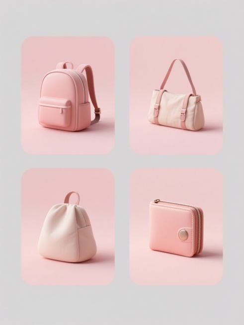 软3D风格，简约现代设计，四个规整排布的素材，每张素材均为规整排布的图案，包含背包、挎包、帆布包、钱包基本元素内容，纯色背景，柔和的浅粉色调，光滑的材质表现，轻微的光影过渡，简洁的线条，无多余装饰，物体立体感适中，边缘圆润，整体视觉统一和谐。预览效果