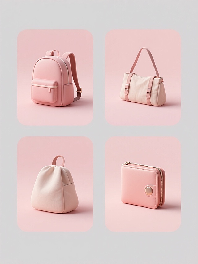 软3D风格，简约现代设计，四个规整排布的素材，每张素材均为规整排布的图案，包含背包、挎包、帆布包、钱包基本元素内容，纯色背景，柔和的浅粉色调，光滑的材质表现，轻微的光影过渡，简洁的线条，无多余装饰，物体立体感适中，边缘圆润，整体视觉统一和谐。