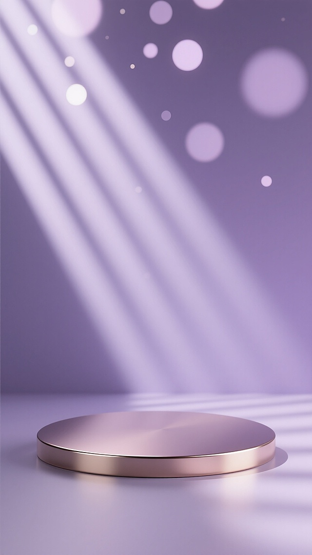 3D渲染风格的产品展示场景，画面中央放置一个圆形的金属展示台，台面光滑且边缘有细微的弧度转折，具有细腻的金属反光质感和柔和的阴影投射。背景为浅紫色渐变，顶部散落着多个模糊的圆形光斑，光线从左上方斜射而下，在台面上形成明暗交错的光影条纹，整体氛围呈现出优雅、梦幻且带有高级感的柔和基调，无任何文字、LOGO、二维码及联系方式。