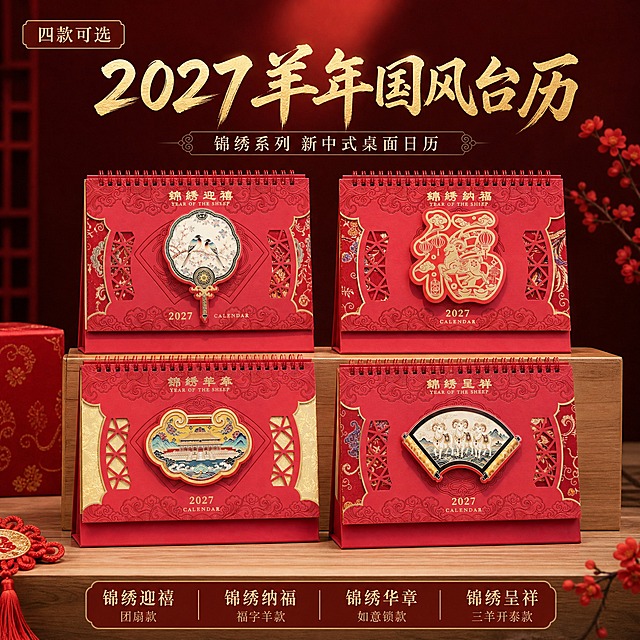 [主图-1] 2027羊年国风台历四款全家福首图，突出产品身份与高端国潮品质感。
[统一基调] 中国红主色调，烫金点缀，新中式国潮风格，高端商业摄影质感，主标题用金色书法宋体，辅助文字用深棕色宋体，整体喜庆大气。
[画面] 四款2027羊年国风台历（锦绣迎禧团扇款、锦绣纳福福字羊款、锦绣华章如意锁款、锦绣呈祥三羊开泰款）整齐排列展示，正面朝向镜头，台历为红色硬壳线圈台历，带烫金压花祥云纹理、镂空窗花设计、织锦布艺拼接侧边，中间立体装饰图案清晰可见。台历放置在浅木色桌面上，背景为深暗红色渐变，营造高端礼盒感。产品占画面约65%，居中偏下构图。
[光影质感] 柔和侧上方主光，台历表面烫金部分有细腻光泽，织锦布料有真实纹理质感，硬壳纸张有厚度感，底部有自然柔和的接触阴影，整体光影干净通透，商业产品摄影质感。
[配色] 中国红为主色，金色为标题和装饰色，深棕色为辅助文字色，浅木色桌面为环境色，背景深红渐变。
[文字版式] 画面上方居中大标题金色书法体"2027羊年国风台历"，下方副标题深棕色"锦绣系列 新中式桌面日历"，左上角小标"四款可选"，文字不遮挡台历主体，放在负空间。
[输出要求] 1:1正方形比例，2048x2048，文字清晰锐利，产品细节清晰，无变形无错字，无水印无平台logo，画面干净高级。