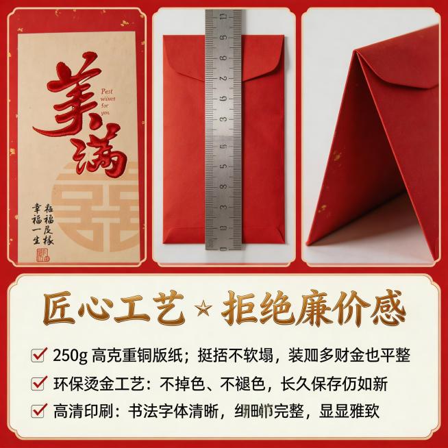 制作红包工艺细节展示图，1:1尺寸，上半部分为3张细节特写拼接，下半部分为对比说明文字。左特写：微距拍摄红包上“美满”二字烫金浮雕，清晰展示立体触感与鎏金光泽，背景虚化突出工艺；中特写：纸张厚度对比，预览效果