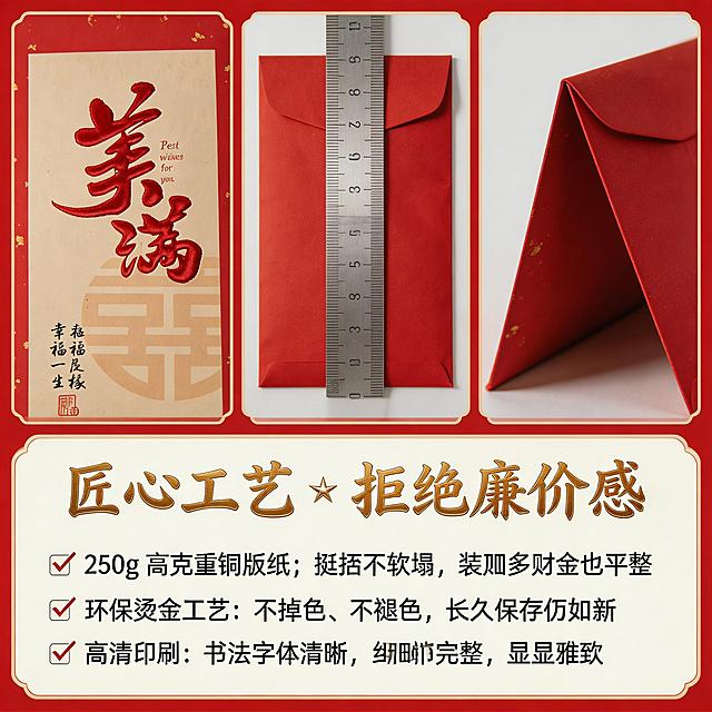 制作红包工艺细节展示图，1:1尺寸，上半部分为3张细节特写拼接，下半部分为对比说明文字。左特写：微距拍摄红包上“美满”二字烫金浮雕，清晰展示立体触感与鎏金光泽，背景虚化突出工艺；中特写：纸张厚度对比，左侧为普通薄红包，右侧为本产品250g高克重红包，用直尺标注厚度展示挺括度；右特写：耐折测试实拍，红包反复弯折后烫金无脱落纸张无折痕证明耐用性。下半部分文字左对齐，墨黑无衬线字体，鎏金书法字体小标题“匠心工艺 ✦ 拒绝廉价感”，正文：“✅ 250g 高克重铜版纸：挺括不软塌，装再多现金也平整 ✅ 环保烫金工艺：不掉金、不褪色，长久保存仍如新 ✅ 高清印刷：书法字体清晰，印章细节完整，尽显雅致”。特写图光线明亮，对比图直观易懂，整体传递扎实工艺高端质感，打消廉价顾虑，延续正红鎏金米白色调