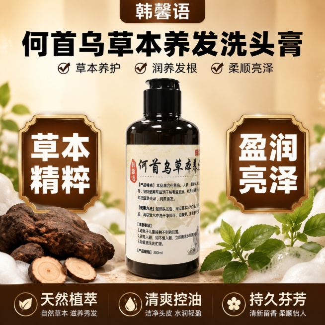 [单张主图] 韩馨语何首乌草本养发洗头膏，爆款促销感拼多多电商主图，突出草本养发润发功效。
[画面主体] 何首乌洗头膏瓶身居中放置，保持产品外观、瓶身颜色、泵头结构、标签文字与输入产品图绝对一致，杜绝预览效果