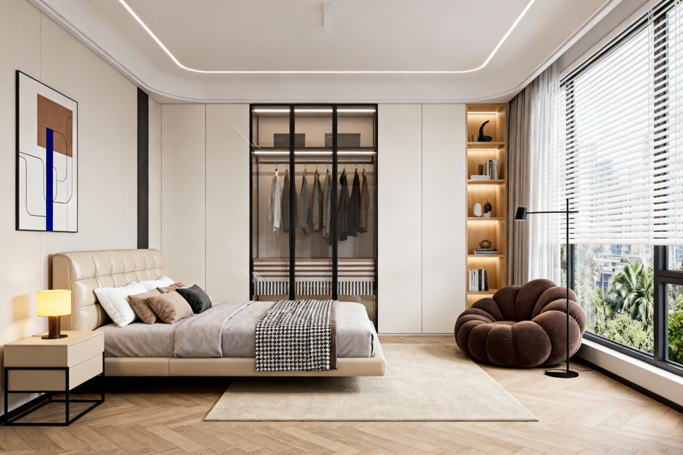 意式风格的主卧空间，采用横向开阔式构图，以奶白色、浅米色、深胡桃木色为核心色调，整体氛围雅致松弛、简约高级且兼具舒适感。画面视觉中心是一张悬浮式大床，床头为浅米色真皮软包靠背，线条柔和饱满；床上铺着浅预览效果