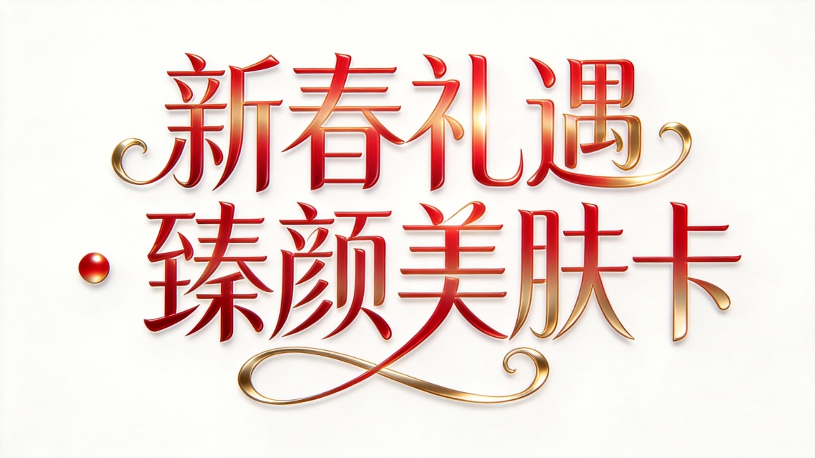 连笔花体艺术字设计，核心文字「新春礼遇 · 臻颜美肤卡」，横笔画 0.6mm、竖笔画 1.8mm，笔画纤细挺拔，字间连笔顺滑无断点，撇捺延长带柔美卷曲装饰；红色金质感，反光柔和不刺眼；白色背景，log预览效果