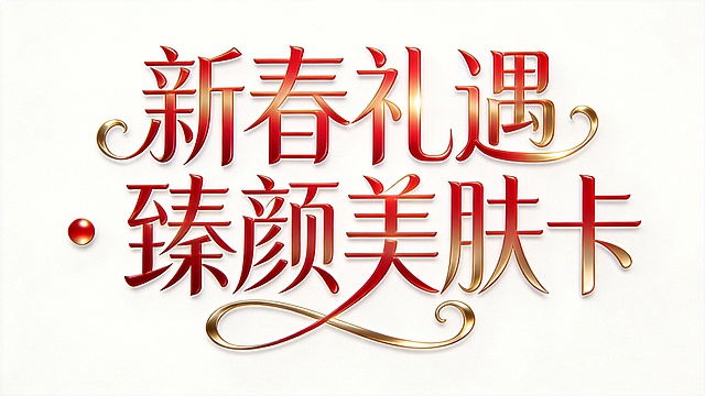 连笔花体艺术字设计，核心文字「新春礼遇 · 臻颜美肤卡」，横笔画 0.6mm、竖笔画 1.8mm，笔画纤细挺拔，字间连笔顺滑无断点，撇捺延长带柔美卷曲装饰；红色金质感，反光柔和不刺眼；白色背景，logo 整体对称均衡，矢量格式输出，适合文创产品应用。