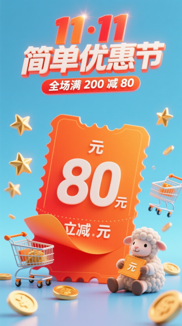 3D 立体主标题 “11・11 简单优惠节” 居画面上方，橙红渐变带光晕；副标 “全场满 200 减 80” 用白色小字缀标题下方。画面中心是巨型 3D 优惠券（印着“立减80元”字样，“元”为小字，预览效果
