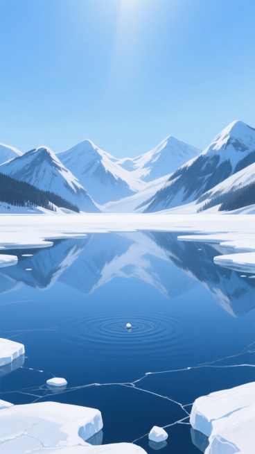 厚涂风格的冰雪风景插画，画面以纯净的蓝色调为主，从上方的浅蓝色天空逐渐过渡到下方湖面的深蓝色，营造出宁静而深远的氛围。远处连绵起伏的雪山轮廓柔和，山体上覆盖着厚厚的积雪，呈现出厚重的笔触质感。近处的冰面平滑如镜，倒映着天空和雪山的景象，冰面上有一些不规则的白色冰裂纹和凸起的雪堆，增加了画面的层次感和细节。湖面中央有一圈圈淡淡的水波纹，仿佛有一颗石子刚刚落下，打破了宁静的水面。整体构图采用对称式……预览效果