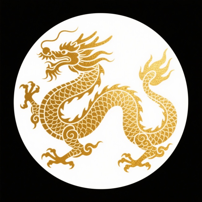 金色龙纹图案，采用传统中国龙的造型，龙首高昂，龙须飘逸，龙身蜿蜒，鳞片和卷云纹细节丰富，呈现出金色渐变和金属箔质感，线条流畅优美，整体为金色单色剪影效果，背景为纯白色，具有强烈的传统中国风装饰感。预览效果