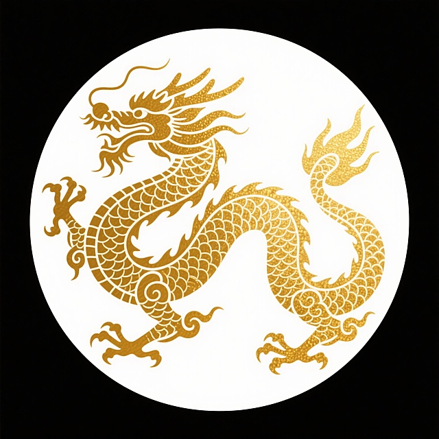 金色龙纹图案，采用传统中国龙的造型，龙首高昂，龙须飘逸，龙身蜿蜒，鳞片和卷云纹细节丰富，呈现出金色渐变和金属箔质感，线条流畅优美，整体为金色单色剪影效果，背景为纯白色，具有强烈的传统中国风装饰感。