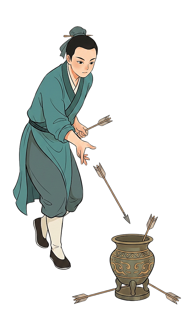 参考参考图的国潮插画风格，绘制中国古代投壶游戏，一个身着古风服饰的古人正在进行投壶，整体画风简约线条流畅，配色素雅，和参考图风格一致