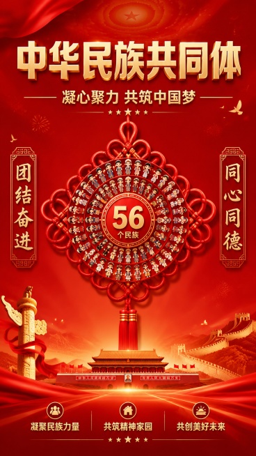 庄重正式红色大气风格的宣传海报，主题是筑牢中华民族共同体意识。主视觉是围绕56个民族元素的红色中国结象征团结，背景采用渐变中国红，顶部放置主标题"中华民族共同体"，副标题为"凝心聚力 共筑中国梦"，两预览效果