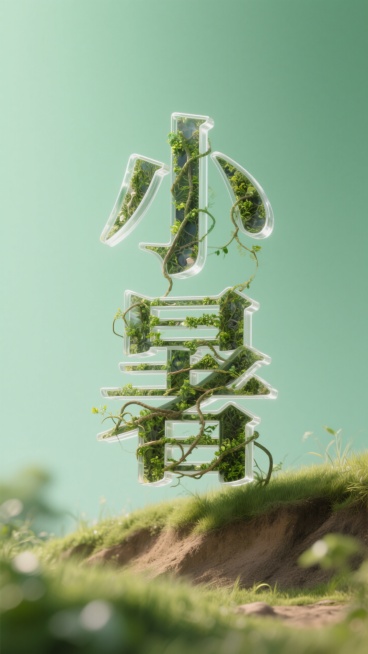 中央是字体设计“小暑”，立体透明，字体内部填充自然植物纹理，模拟生长中的藤蔓形态，干净绿色背景，底部是草地和土坡，近景虚焦，写实风格预览效果