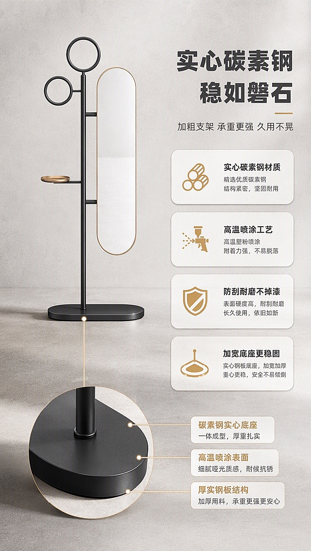 [商品] 使用【图1】DF-8801穿衣镜；保留黑色金属支架、椭圆形长镜面、圆形挂环、圆形置物小台面、黑色椭圆底座的整体结构、比例、颜色和材质；重点展示底架和支架的碳素钢结构，增强金属哑光质感和厚重感，不改变产品结构。
[画面] 目标：结构框架解析页，证明实心碳素钢底架稳固耐用。构图：左图右文，左侧产品整体+底部特写，右侧结构说明。左侧占画面约60%，穿衣镜正面展示，底部底座区域放大特写圈出，展示实心碳素钢材质和喷涂工艺。右侧占画面约35%，竖向排列结构卖点。背景：浅灰色工业风质感墙面，地面有柔和阴影体现重量感。
[视觉] 套系策略：风格=亮色调轻奢家居商业摄影；标题字=现代简约粗黑体；正文字=纤细无衬线体；主色=暖白+浅金+高级灰；背景延展=基于暖白做深浅渐变、柔光层次和细腻墙面/织物质感；强调色=香槟金，仅用于小面积图标、引线、标签和装饰线条；标题色=深炭灰；正文色=中暖灰；组件=圆角浅底信息卡、细金线引线、胶囊形卖点框；光影=左前侧暖柔自然光，底部有清晰接触阴影，体现产品稳重感。
[文字] 右侧文案区：主标题「实心碳素钢 稳如磐石」，副标题「加粗支架 承重更强 久用不晃」，下方4个卖点条目带图标「实心碳素钢材质」「高温喷涂工艺」「防刮耐磨不掉漆」「加宽底座更稳固」，每个卖点配简短说明。文字全部横向排版，不遮挡产品。
[规格] 图片比例9:16竖版，4K分辨率，负向提示：避免变形、错字、文字过小、冷蓝灰暗色调、产品结构改变、金属质感失真、竖排文字、绝对化用语。