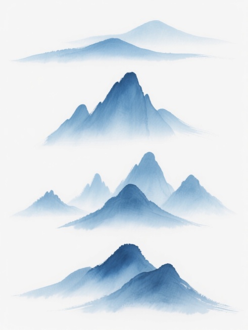 中国水墨画风格的系列远山素材集合，白色纯色背景，四组造型完全不同的远山元素规整排布。每座远山均采用淡蓝色至深蓝色的渐变水墨笔触，边缘柔和模糊，呈现出朦胧的层次感和宁静悠远的氛围。第一组远山线条平缓舒展，如波浪般连绵起伏；第二组远山轮廓陡峭挺拔，山峰尖锐突出；第三组远山由多座小山峰组成，错落有致；第四组远山则呈现出平缓的山顶和陡峭的山坡，形态独特。所有远山元素均保持水墨画特有的湿润晕染效果，光影……预览效果