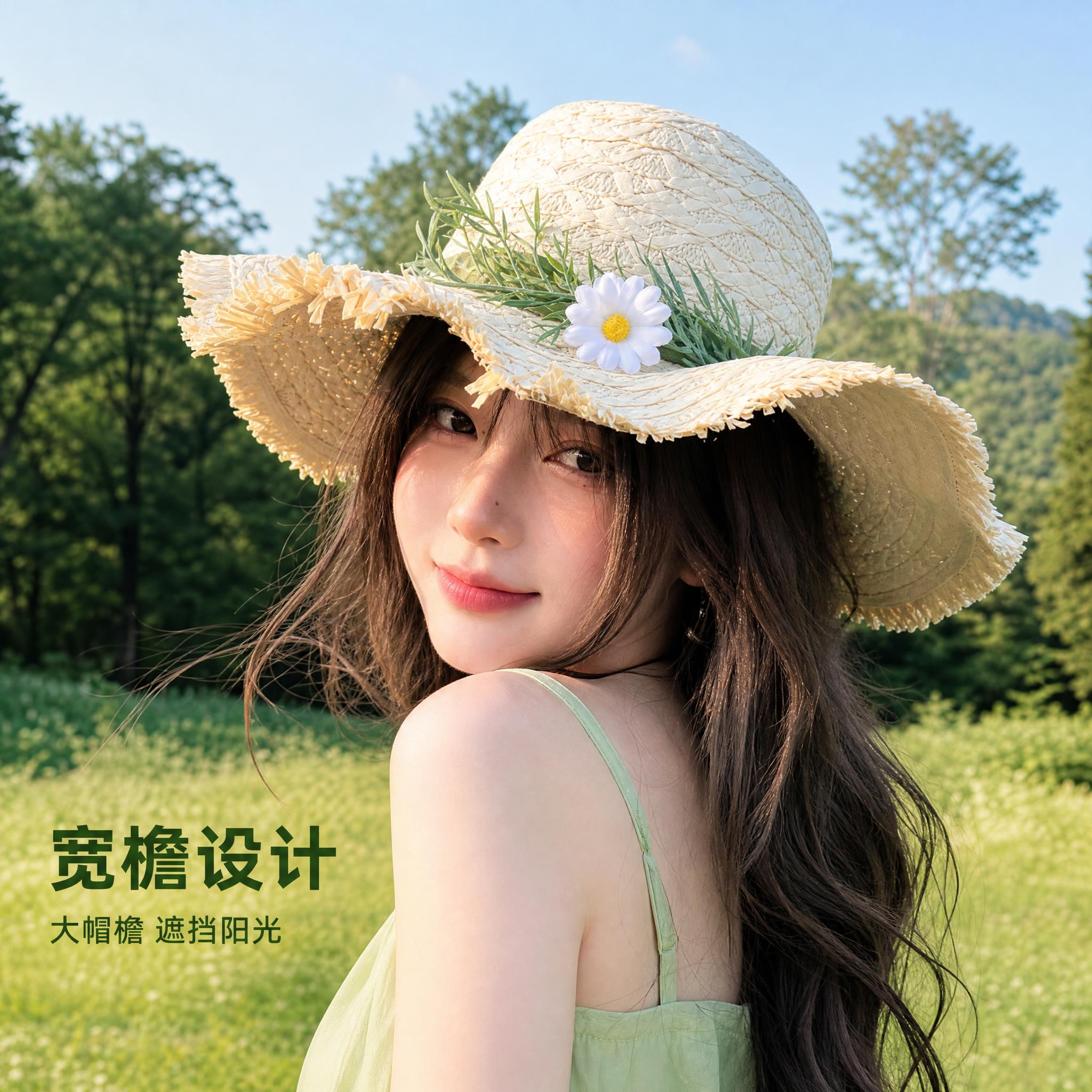 [主图-2] 田园风雏菊毛边草帽45度侧面上头展示。 [氛围风… - 图片创意预览