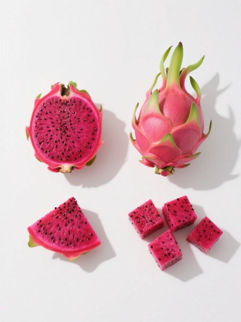 一组4个不同样式的火龙果元素，包含完整火龙果、对半切开的火龙果、带绿色果蒂的火龙果切片和去皮的火龙果块，均为现实逻辑下的红色果肉黑色籽粒品种，采用干净简约的白底摄影风格，高清晰度展现火龙果鲜艳的玫红色果肉、密集的黑色芝麻状籽粒、翠绿带尖的果蒂和光滑有光泽的果皮质感，光影自然柔和，无阴影干扰，适合作为素材使用，整体画面简洁纯净，突出水果的新鲜与真实细节。预览效果