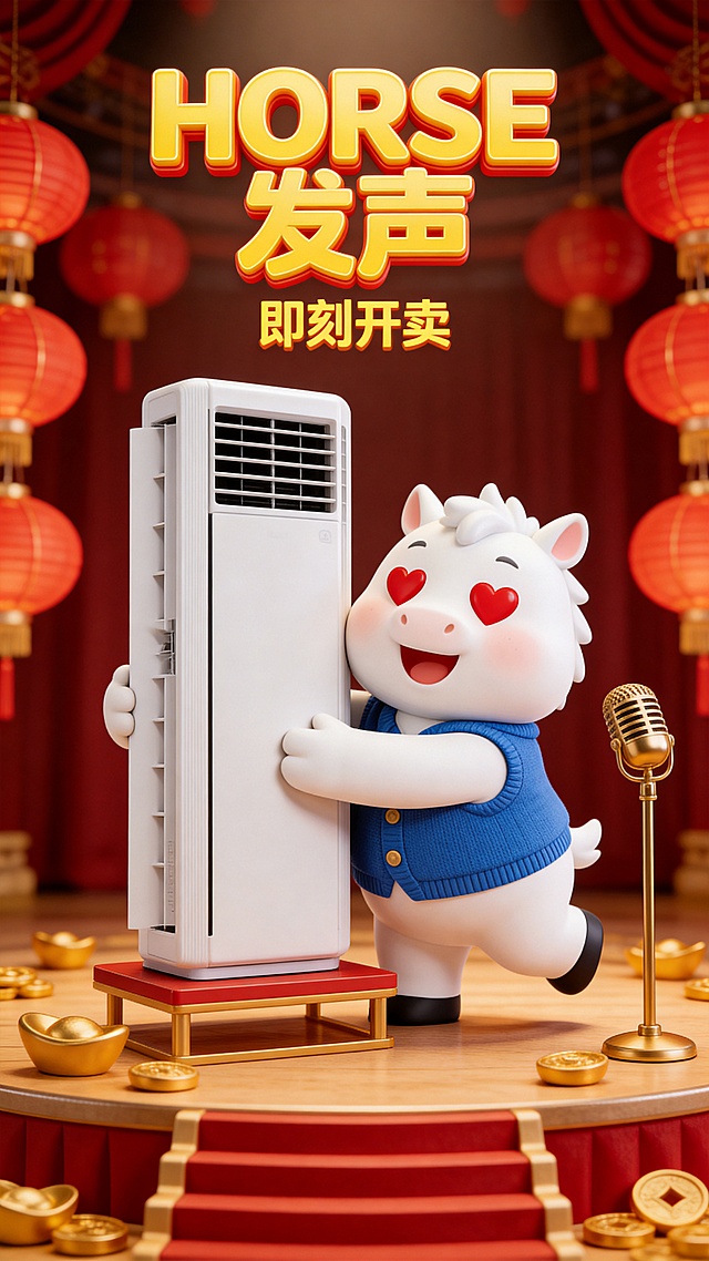 Q 版潮玩盲盒风格，3D 建模渲染，光线明亮。主体为一只胖卡通白马穿着蓝色开衫马甲，双眼是两颗红色爱心；白马呈开心雀跃的姿态，双臂环抱着一个巨大化的参考图物品，身体微微前倾，神态活泼又憨萌；白马站在一个喜庆的剧场舞台的小台子上，旁边一个金色麦克风，背景红灯笼高挂，金元宝分布在周围地面，前景有一些台阶。整体采用暖色调柔光照明，柔焦浅景深，画面可爱幽默，上方潮流3D黄色大字“HORSE发声”，副标题3D黄色小字“即刻开卖”。