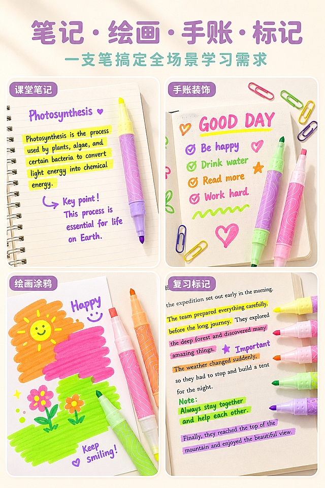 2:3 vertical format, sweet cute cream healing style, warm off-white background (#FAF5EF), natural soft light from top left with gentle shadows. Main title '笔记・绘画・手账・标记' in cute rounded font, light purple, centered at the top, four words separated by dots; subtitle '一支笔搞定全场景学习需求' in cute rounded font, macaron mint blue-green, right below. Four-grid column layout, four rounded cards show different scenes. CRITICAL REQUIREMENTS: 1) ALL highlighter stroke colors must be HIGH-SATURATION FLUORESCENT BRIGHT COLORS (not low-saturation macaron colors). 2) All handwritten English text must be written with the highlighter's round tip, so the stroke thickness is about 1mm, FULL AND ROUND, NOT THIN like a needle pen - it must look like it was written with a thick round highlighter tip, not a fine pen. 3) The overlay handwriting color must match the round tip color of the same highlighter pen. Top left card '课堂笔记' - top-down notebook page, chisel tip realistic hand-painted high-saturation fluorescent yellow base marking key paragraphs (vertical stroke texture, rough edges), round tip high-saturation fluorescent purple handwritten English annotation (full 1mm thick strokes, matching the round tip color), one highlighter placed beside. Top right card '手账装饰' - journal page with multiple realistic hand-painted fluorescent overlay strokes and handwritten English, all strokes high-saturation fluorescent, handwriting full 1mm thick, colorful paper clips scattered, 2 highlighters placed diagonally. Bottom left card '绘画涂鸦' - drawing paper with chisel hand-painted large areas of high-saturation fluorescent color blocks (orange, pink, green), round tip handwritten English accents (full 1mm thick), 3 highlighters arranged. Bottom right card '复习标记' - book page with fluorescent chisel hand-painted base + round tip handwritten keywords, overlay effect clear, all colors high-saturation fluorescent. All highlighters strictly restore product details, single pen 150mm, no brand LOGO, different colors at both ends. Each card top left corner has small label with scene name (purple rounded rectangle white cute font). 2x2 four-grid equidistant arrangement. Design emphasis: all fluorescent strokes are bright high-saturation fluorescent colors, all handwriting is full 1mm thick like written with round highlighter tip, overlay color matches the pen's round tip color, warm healing atmosphere, no brand logo.