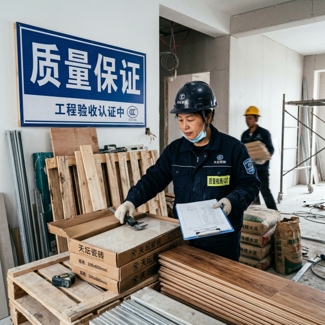现实摄影照片，质量检测人员对装修建材进行质检认证场景，清晰显示文字“质量保证”，写实真实摄影风格预览效果