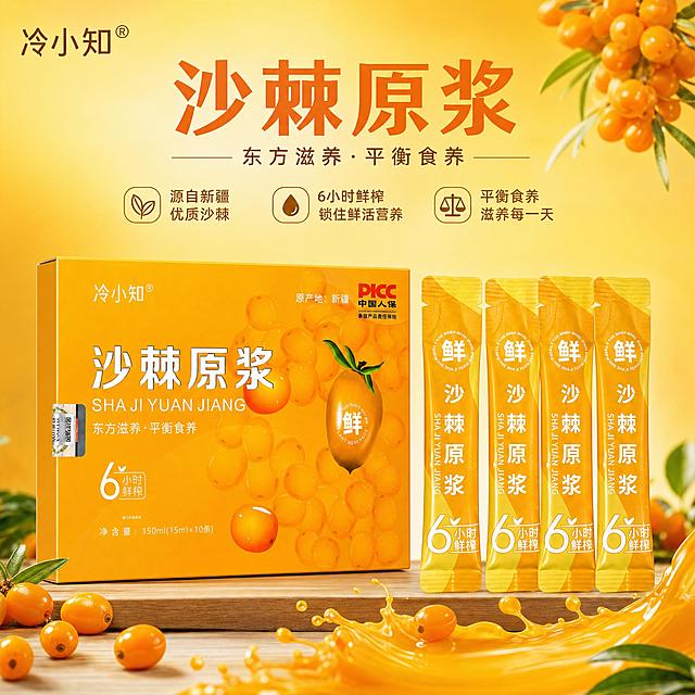 新疆沙棘原浆电商主图，左侧沙棘原浆包装盒正面，右侧展示几条独立条装，背景使用渐变暖黄色搭配新鲜沙棘果元素，突出产品天然健康卖点，保留产品所有文字信息清晰完整