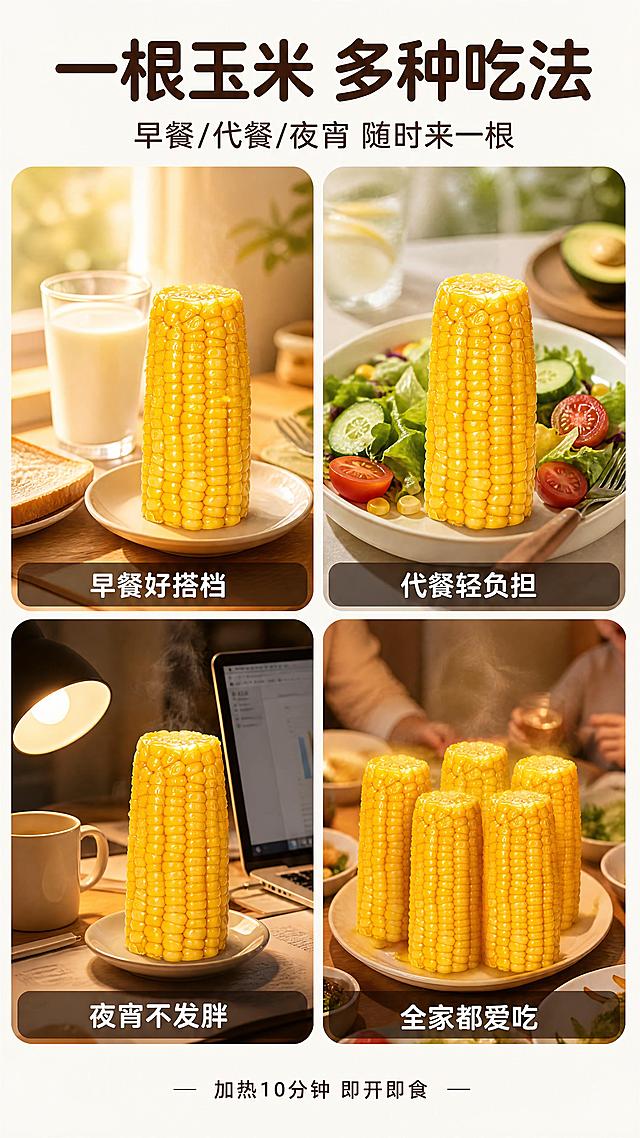 [第5张] 详情页食用场景页-黄糯玉米多场景拼图。本张使用【图3】作为各场景玉米主体素材。
[氛围/风格] 生活场景感，温馨接地气，多场景拼图版式，真实生活摄影质感。
[元素布局] 画面采用2×2圆角卡片拼图布局，共四个场景：左上「早餐时光」- 玉米配牛奶放在木质餐桌，晨光洒落；右上「代餐轻食」- 玉米配沙拉蔬菜，健康餐摆盘；左下「加班夜宵」- 玉米放在办公桌旁，台灯暖光；右下「家庭分享」- 盘中多根玉米，家人聚餐氛围；每个场景卡片中玉米形态、颜色与输入图一致；卡片间有白色间距。
[光影质感] 每个场景独立光影：早餐暖晨光、代餐自然光、夜宵台灯光、聚餐暖灯光，整体统一暖调，玉米金黄有光泽。
[配色色系] 全局底色 #FAFAFA 浅灰白卡片底；主色金黄玉米；辅助色各场景自然色、深棕标题字。
[视角构图] 四宫格拼图，阅读动线从左上到右下，每张卡片内玉米为主体。
[文字版式] 顶部通栏大标题「一根玉米 多种吃法」圆角黑体深棕色，副标题「早餐/代餐/夜宵 随时来一根」；每个卡片底部叠加半透明黑条白字场景标签：「早餐好搭档」「代餐轻负担」「夜宵不发胖」「全家都爱吃」；底部小字「加热10分钟 即开即食」。
[比例分辨率] 9:16 竖版比例，4K分辨率，文字清晰可辨，高清画质。
[负向提示词] 玉米变形，场景混乱，文字过小，水印，颜色偏差，卡片不整齐。