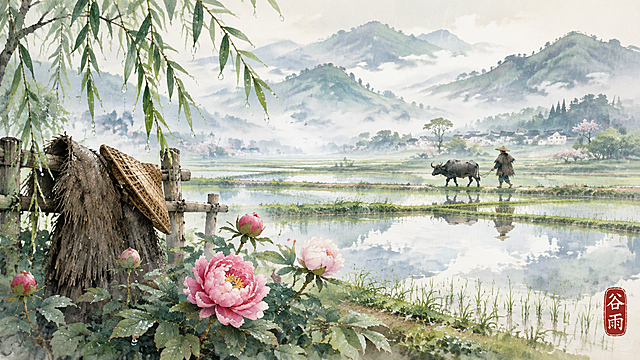 谷雨节气主题水墨淡彩插画，描绘'雨生百谷'的江南意境，16:9构图。远处山峦如黛，云雾缠绕山间，山色空蒙；中景可见连片水田倒映天光云影，水田绿意盎然生机勃勃，田间有戴斗笠披蓑衣的农人牵牛慢行，身影悠然；近景特写一株嫩柳低垂，蓑衣轻挂于木篱之上，柳叶上凝有晶莹雨珠。画面融入牡丹初绽的细节，几朵牡丹花含苞初放，雍容雅致。右下角盖有红色隶书'谷雨'印章，古朴雅致。整体风格为中国传统水墨淡彩，色调清雅柔和，富有诗意，画面留白得当，意境悠远，构图层次分明，烟雨朦胧的江南春日氛围