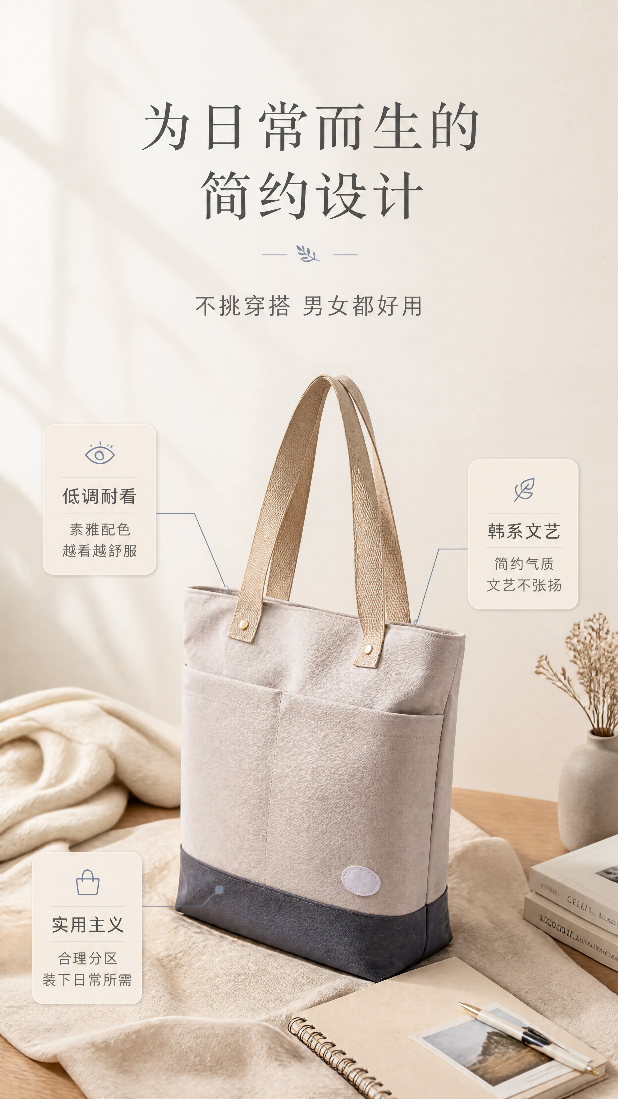 [商品] 使用【图1】米灰拼深灰单肩帆布托特包；保留包身结构、… - 图片创意预览