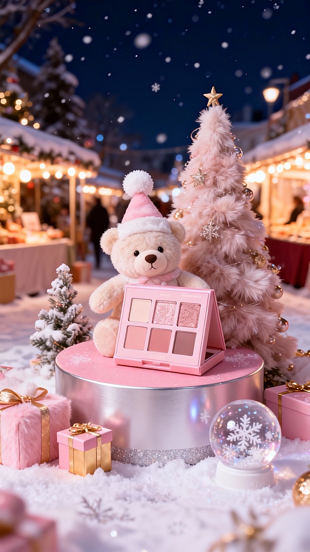 软3D风圣诞场景，毛发生长质感小熊搭配粉色眼影盘，梦幻雪夜市集氛围，温馨可爱，喜庆感十足。