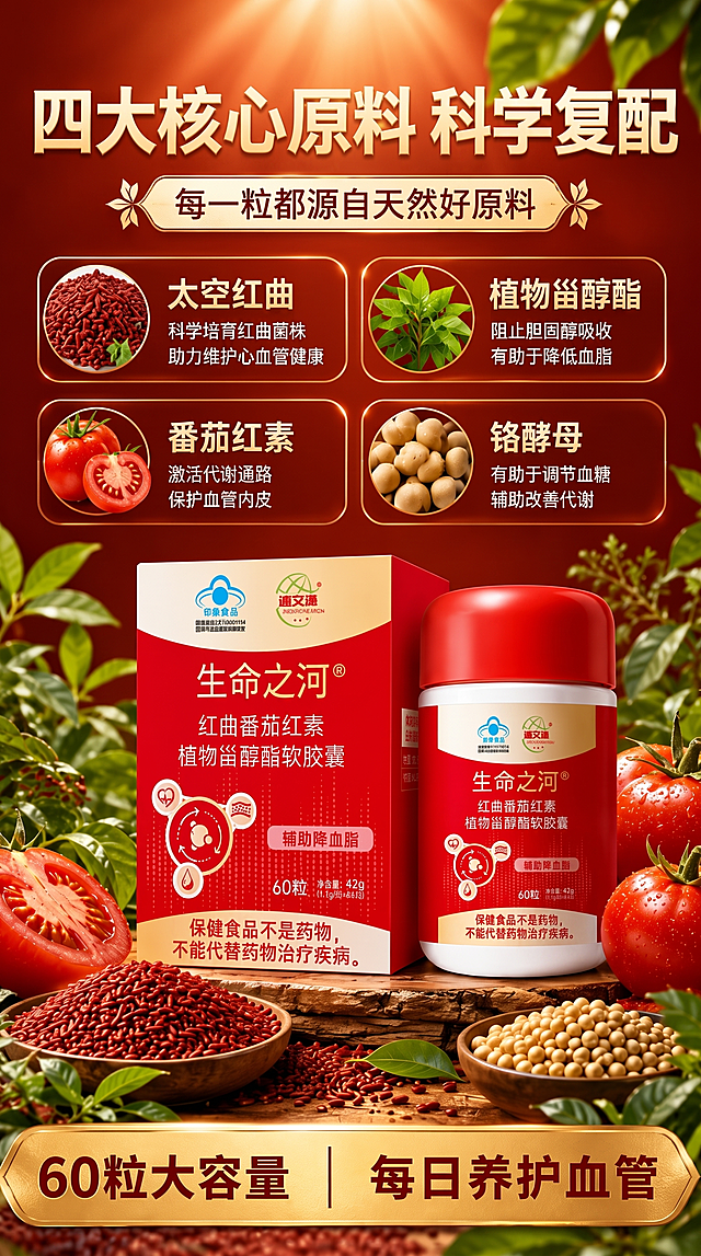在这张海报基础上修改文字：将番茄红素卡片中的"强效抗氧化"改为"激活代谢通路"，下一行"保护血管内皮"保持不变。其他所有内容保持不变：产品瓶和包装盒100%还原原图外形、包装、LOGO、印刷文字，红金暖调配色不变，主标题"四大核心原料 科学复配"不变，副标题"每一粒都源自天然好原料"不变，太空红曲卡片文字不变，植物甾醇酯卡片文字不变，铬酵母卡片文字不变，底部"60粒大容量 每日养护血管"不变，原料食材（红曲米、番茄、植物、铬酵母颗粒）和绿叶装饰不变。

修改后的番茄红素卡片文字：
- 标题："番茄红素"
- 第一行："激活代谢通路"
- 第二行："保护血管内皮"

所有文字必须清晰锐利，确保每一个字都能清楚辨认。画面中所有数字必须精确渲染，不得错位、遗漏或编造。整体版式和天然原料风格保持一致。