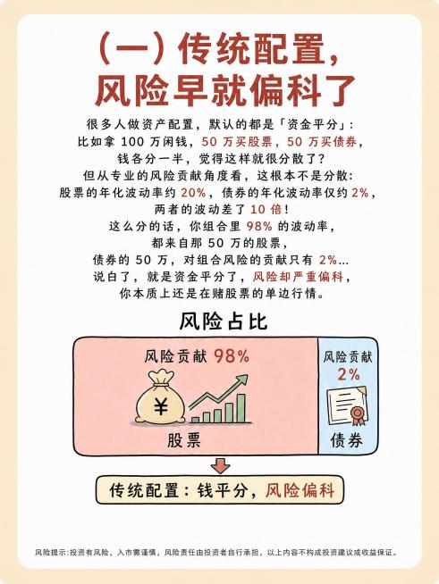 参考原图片的简约漫画风格，修改内容：1. 顶部标题改成：（一）传统配置，风险早就偏科了；2. 底部风险提示简化为：风险提示:投资有风险，入市需谨慎，风险责任由投资者自行承担，以上内容不构成投资建议或收预览效果