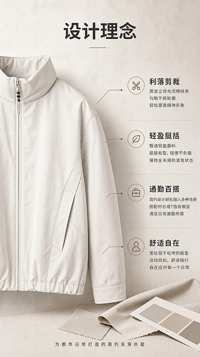 [商品] 使用【图1】米白色立领男士夹克；商品处理：保留立领、拉链、插袋、袖口、下摆松紧、整体版型和米白颜色；自然去除衣身杂乱褶皱，理顺垂坠，增强面料纹理、缝线、拉链五金质感，不改变版型和结构。
[画面] 页面目标：设计理念页，诠释简约立领设计与日常通勤适配性。构图：竖版9:16，左侧为夹克半身特写（立领+肩部区域）占画面40%，右侧为大面积留白+设计关键词；背景为浅米色纸张质感+微弱纹理，底部有折叠布料/色卡装饰。画面层次：前景色卡/面料小样，中景夹克局部，后景渐变墙面。
[视觉] 套系策略：风格=极简高级男装商业摄影风；标题字=现代无衬线粗体（思源黑体Heavy）；正文字=简洁无衬线体（思源黑体Regular）；主色=米白+浅灰；背景延展=基于米白/浅灰做深浅层级渐变、细腻水泥墙面/纸张质感；强调色=深棕/古铜色，仅用于小面积图标、引线和标签；标题色=深炭灰；正文色=中暖灰；组件=细线引线、圆角浅底信息卡、极简分割线；光影=左前侧45度柔光，柔和自然阴影。
[文字] 顶部主标题"设计理念"，右侧竖排分布4个风格关键词"利落剪裁 / 轻盈挺括 / 通勤百搭 / 舒适自在"，每个关键词配简短解释小字。底部一行小字"为都市日常打造的简约实穿外套"。所有文字横排，不遮挡产品关键部位。
[规格] 图片比例9:16竖版，4K，medium质量。避免变形、错字、文字过小、冷蓝背景、衣服颜色改变、版型失真、出现平台Logo/水印/二维码。