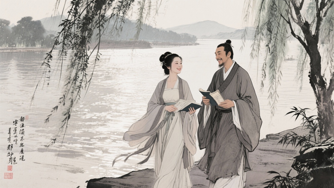 41岁中年薛涛与中年元稹在锦江畔漫步，并肩吟诗，神情愉悦预览效果