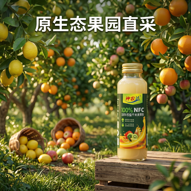 [主图 6] 优质鲜果源产地场景主图，[氛围风格] 自然原生态果园氛围，清新多巴胺风格，强调新鲜天然；[画质] 商业摄影质感、光线柔和通透、产品清晰真实、画面干净高级；[元素] 一瓶神农达NFC果汁放预览效果