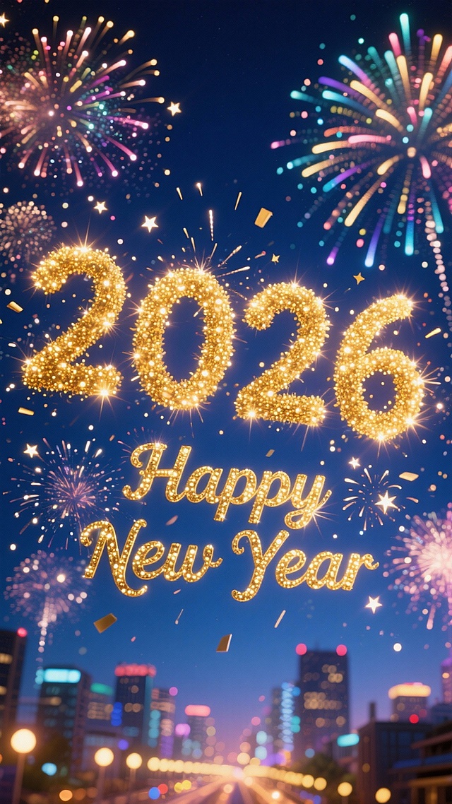 画面中央是金色烟花字“2026”，下方搭配金色烟花英文 “Happy New Year”，背景是深蓝色夜空，布满色彩绚烂的烟花，底部还有城市夜景的灯光光斑