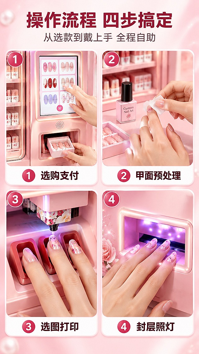 [商品] 参考【图1】全自动美甲机的操作区与粉色耗材、甲片、光疗灯真实细节，色调与参考机一致；不得虚构不存在的部件。
[画面] 电商详情页第3张，步骤分栏页，目标：一图看懂操作流程。上方主标题“操作流程 四步搞定”，其下副标题“从选款到戴上手 全程自助”。下方为两行两列四张写实照片卡片，每张为真实操作细节（亚洲年轻女性手部出镜，手指自然、指甲干净）：第一张“选购与支付”，手在售卖触摸屏上点选商品，屏下方取货口掉出一小盒甲片；第二张“甲面预处理”，手用酒精棉片清洁指甲并涂抹打印胶（旁边放着一小瓶打印胶）；第三张“选图与打印”，手指平稳放入打印指托并按压固定座，上方打印头正在喷印彩色图案；第四张“封层照灯”，手伸入 UV/LED 光疗灯下照射，指甲上已有亮面图案。每张卡片下方为白色圆角标签，依次为玫红圆形序号“1”“2”“3”“4”＋深玫黑粗体中文短句“选购支付”、“甲面预处理”、“选图打印”、“封层照灯”；每张照片内左上角另有小圆形序号。
[视觉] 套系策略：风格=明亮粉调轻奢商业摄影；标题字=现代无衬线粗体；正文字=简洁无衬线体；主色=暖白 #FFF7F9；背景延展=暖白到浅粉渐变加细腻珠光质感；强调色=玫红 #E8467C 仅用于小面积序号与标签描边；标题色=深玫黑；正文色=中灰棕；组件=白色圆角卡片配浅粉描边；光影=柔和棚拍光配自然接触阴影。
[文字] 标题不超过十字，副标题不超过十六字，四格标签为四字短句；所有文字仅横排，不得竖排、旋转、斜排；文字不与手部动作重叠；画面底部不放任何文字条或小字；除机器本体自带的英文标识外不得出现其他英文。
[规格] 图片比例9:16竖版，2K高清，手部结构自然无多余手指，文字无乱码；负向：变形，错字，乱码，多余手指，畸形手，六根手指，黑色背景，深色背景，暗色调，水印，平台Logo，二维码，竖排文字，旋转文字，底部文字条，画面底部小字。