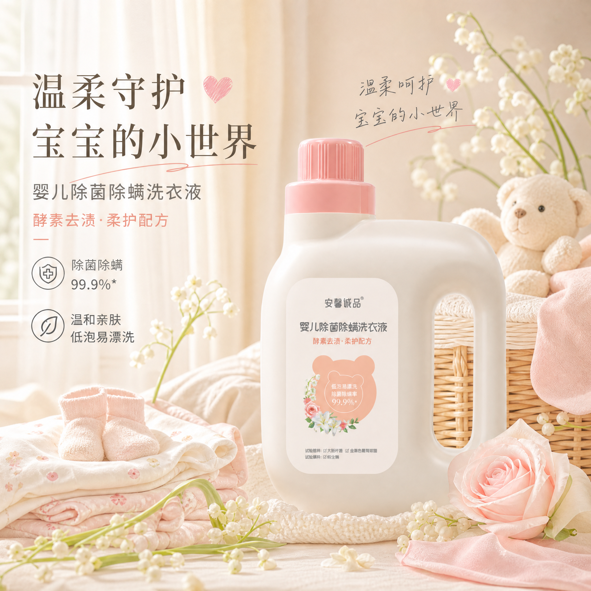 基于这张婴儿除菌除螨洗衣液产品图，生成高质量的产品场景海报，保… - 图片创意预览