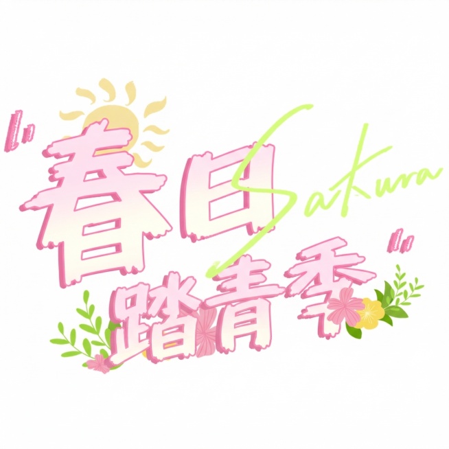 将图片中的文字“上新”替换为“踏青”，保持整体的粉色渐变卡通字体风格、周围的太阳、花朵、枝叶装饰以及英文“Sakura”元素都和原图一致预览效果