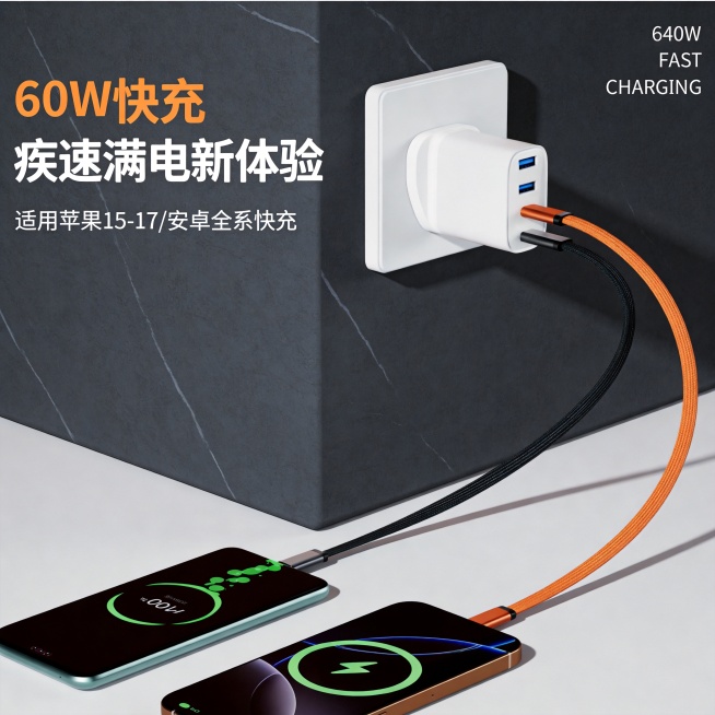 将图中所有的240W文字替换为60W，其他内容和风格保持不变，包括主标题改为"60W快充"，右上角也改为"60W FAST CHARGING"，整体保持橙白配色的充电头产品宣传图风格预览效果