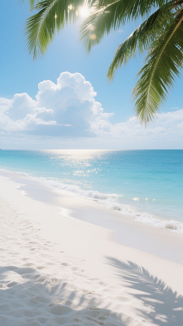 超写实摄影风格，明亮通透的夏日氛围，纯净的白色沙滩从画面底部延伸至中景，细腻的沙质纹理清晰可见，海水呈现由浅至深的渐变蓝色，从近岸的清澈浅蓝过渡到远处深海的湛蓝，海天相接处有一层轻薄的白色云雾，天空中漂浮着形态饱满的白色积云，阳光透过画面顶部垂落的翠绿棕榈叶，在沙滩上投下斑驳的树影，采用低角度仰拍视角，展现沙滩向远方延伸的纵深感，傍晚柔和的金色光线洒在海面上，泛起粼粼波光，海浪轻轻拍打着沙滩，留下湿润的水痕，整体构图保持开阔宁静的视觉感受。