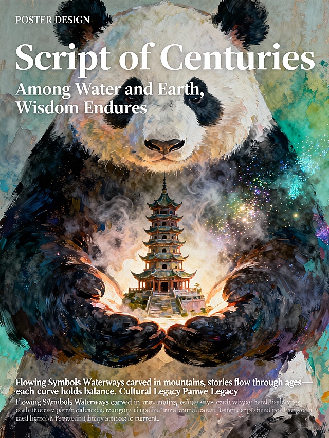中式感与梦幻交织，厚涂风绘就神秘熊猫捧塔图景，超现实主义融合水彩肌理，微缩艺术呈现神圣故事，油画质感诉说千年智慧。