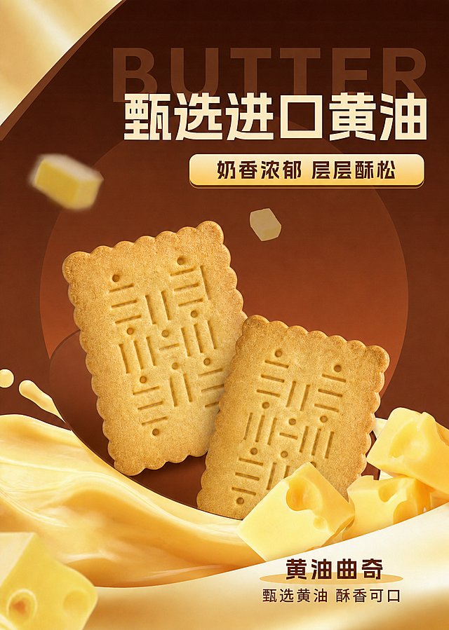 将右下角的产品名称文字“小鱼棒棒饼干”改为“黄油曲奇”，将下方副标题“专属趣味造型 好吃不上火”改为“甄选黄油 酥香可口”，保持原字体风格、颜色、大小和位置不变，其余画面元素（曲奇饼干、奶酪块、奶液飞溅、背景、上方文字等）全部保留不变，整体风格统一，2K高清