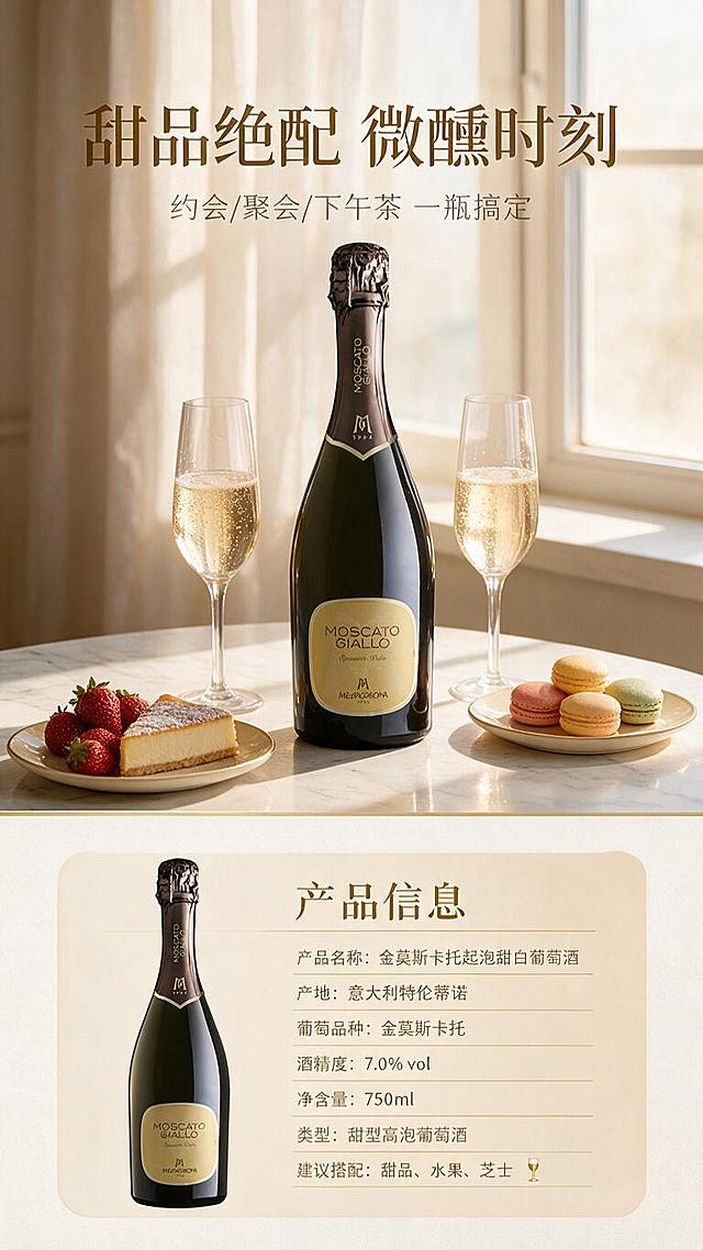 [商品] 使用【图1】美冠酒庄金莫斯卡托起泡甜白葡萄酒；保留瓶身结构、颜色、金色标签、品牌文字和锡纸封帽；瓶身标签文字清晰可辨。
[画面] 目标：场景种草+规格信息收尾页，展示搭配场景并给出完整参数。构图：竖版上下分两段，上段占60%为场景种草——精致下午茶餐桌，产品瓶身+两只盛满起泡酒的高脚杯，搭配草莓、芝士蛋糕、马卡龙等甜品，暖调自然光从窗边洒入，营造闺蜜聚会/浪漫约会氛围；下段占40%为规格信息区——浅金色圆角信息卡承载产品参数，左侧放缩小产品瓶身图，右侧列参数；画面层次≥3层。
[视觉] 套系策略：风格=意式轻奢商业摄影风；标题字=现代衬线粗体（优雅高端）；正文字=简洁无衬线体；主色=香槟金+暖裸粉；背景延展=上段暖调餐厅场景，下段浅米白底+细金线分隔；强调色=深酒红，仅用于小面积标签；标题色=深棕金；正文色=暖炭灰；组件=圆角浅金参数卡、细金线表格、酒杯小图标；光影=上段窗边暖自然光，下段均匀柔光。
[文字] 上段场景叠加主标题"甜品绝配 微醺时刻"，副标题"约会/聚会/下午茶 一瓶搞定"；下段参数卡标题"产品信息"，参数列表："产品名称：金莫斯卡托起泡甜白葡萄酒""产地：意大利特伦蒂诺""葡萄品种：金莫斯卡托""酒精度：7.0% vol""净含量：750ml""类型：甜型高泡葡萄酒""建议搭配：甜品、水果、芝士"；所有文字横排，参数清晰易读，不遮挡瓶身标签。
[规格] 图片比例9:16竖版，resolution=1K，负向：避免瓶身变形、标签文字错误、冷色调、文字竖排、极限词、二维码、第三方平台logo。