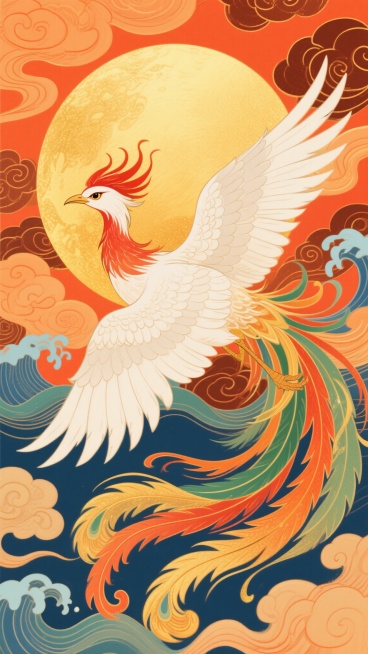 中国传统风格插画，一只展翅飞翔的凤凰，羽毛洁白，尾羽呈现橙红、翠绿、金黄等渐变色彩，头部有精致的红色冠羽，眼神锐利有神，背景是巨大的金色圆形太阳，周围环绕着橙红、赭石色的祥云和波浪状卷曲纹样，整体色调以暖橙色、金色为主，点缀蓝色和绿色，具有浓厚的中国神话色彩和华丽的装饰感，笔触细腻，线条流畅，充满动感与祥瑞氛围。预览效果