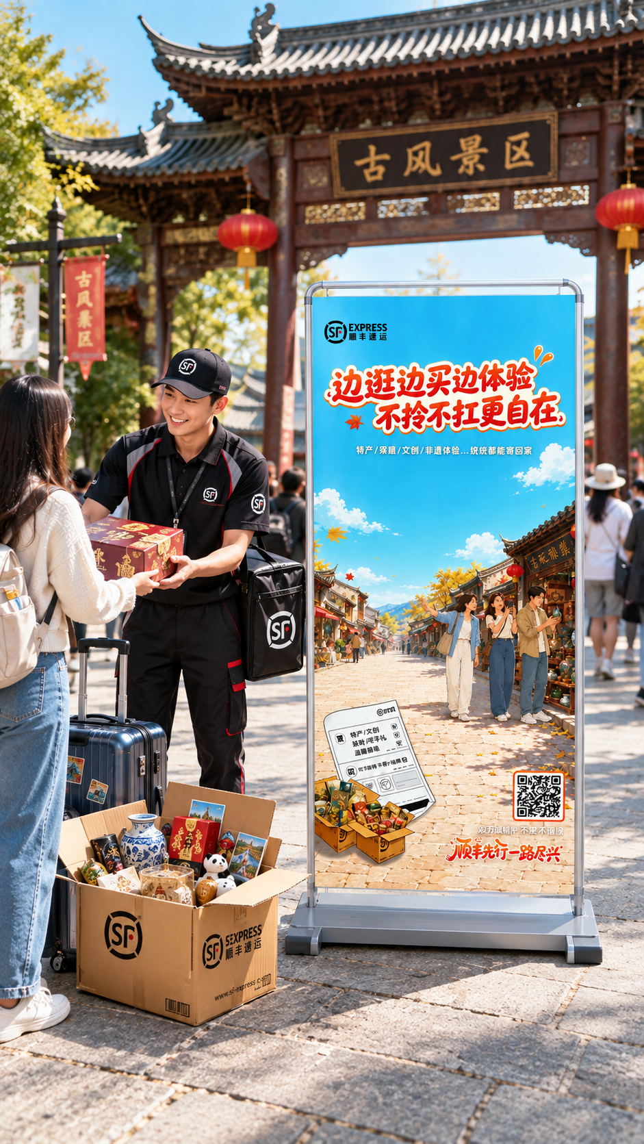 在门型展架旁边增加顺丰快递小哥揽收场景：顺丰快递小哥（戴SF棒… - 图片创意预览